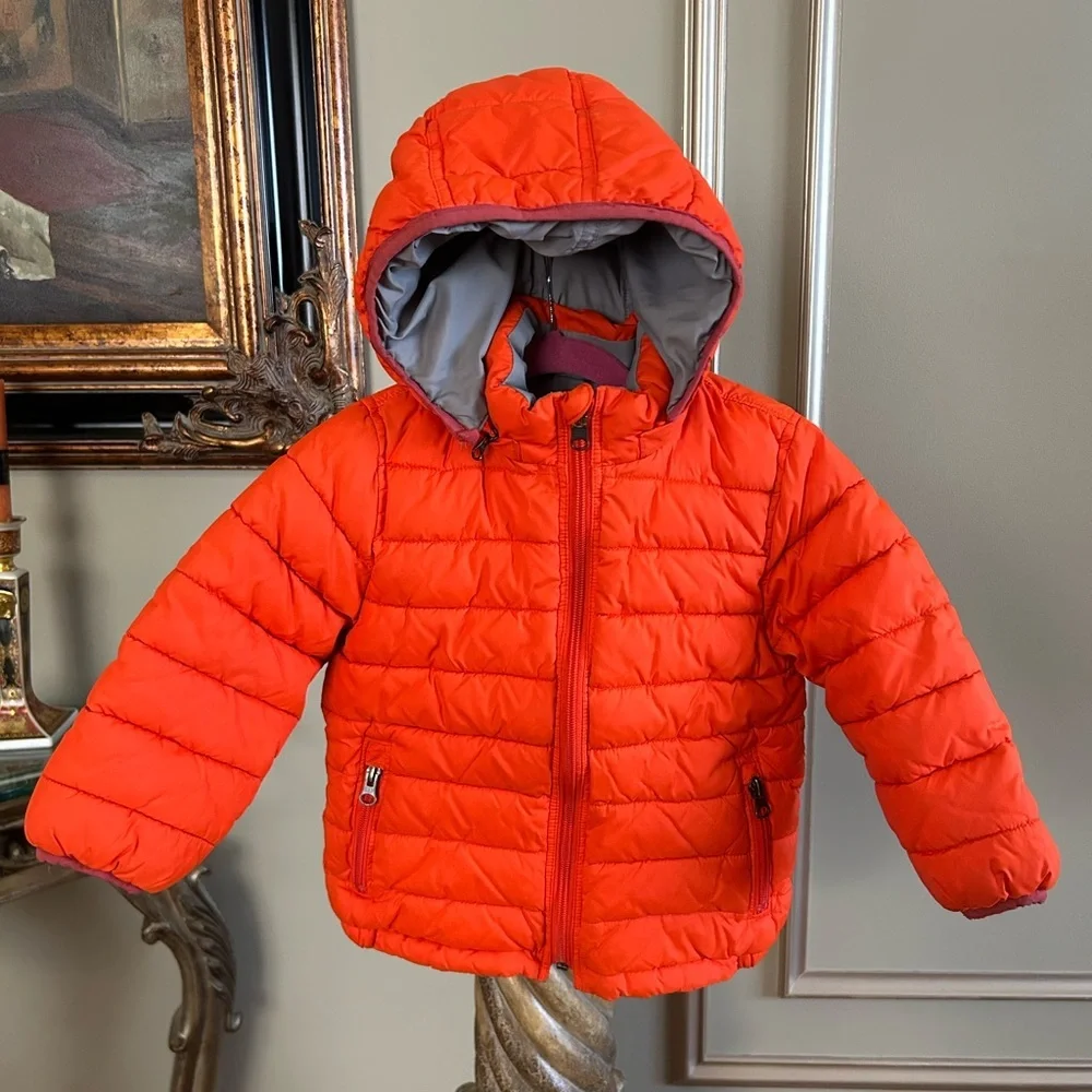 Baby Gap Reversible Orange Gray Puffer Jacket Hooded Winter Coat Toddler 3T